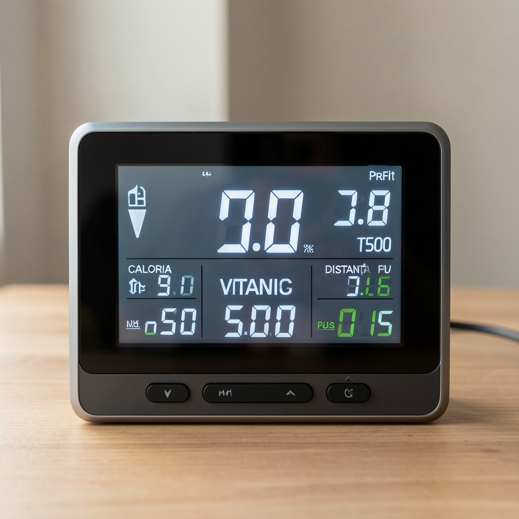 Consola digitală LCD a benzii ProFit T500 afișând viteză, calorii, distanță și puls