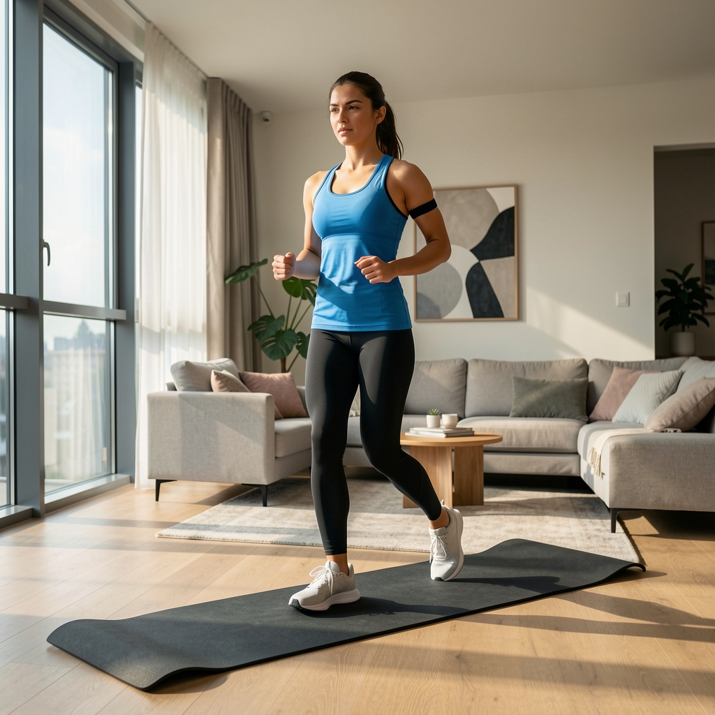 Persoană folosind banda de alergare ProFit T500 în apartament modern cu iluminat natural