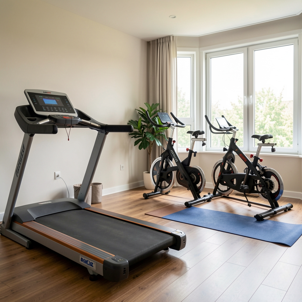 Sală de fitness acasă bine echipată cu bandă de alergat, bicicletă fitness și saltea yoga, lumină naturală