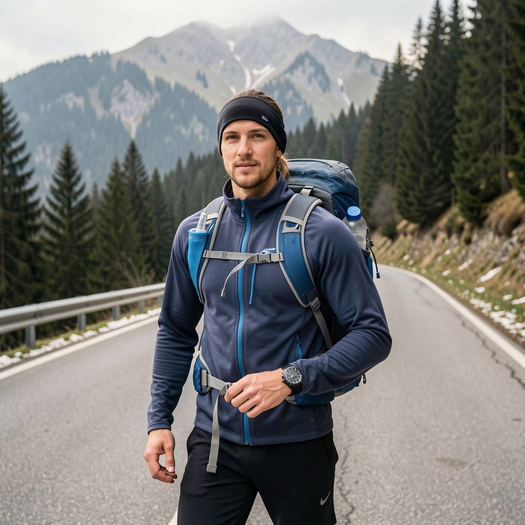 Alergatoare pe drumul de munte din Brașov cu echipament sport de vară, ceas sport la mână și rucsac hidratare