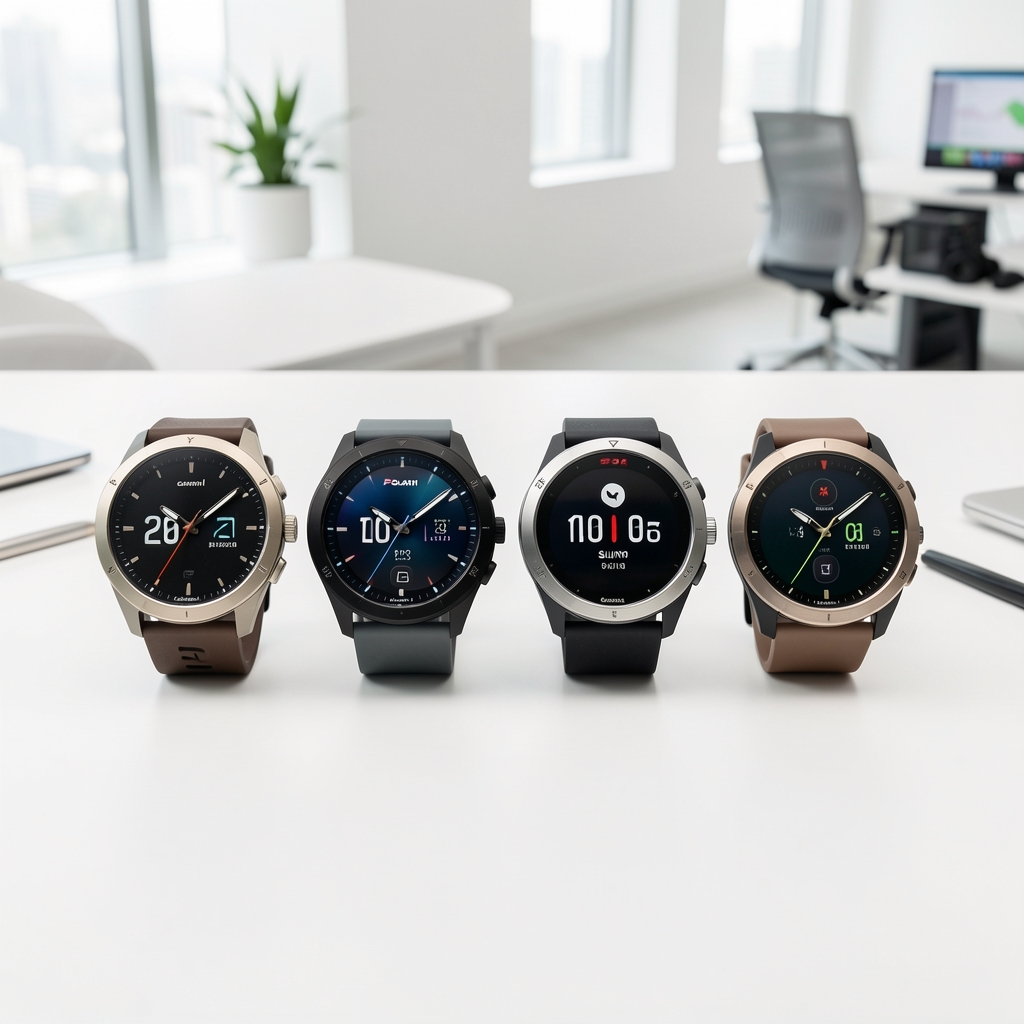 Patru ceasuri smartwatch sport aliniate pe o suprafață albă pentru comparare, modele Garmin, Polar, Suunto și Apple Watch