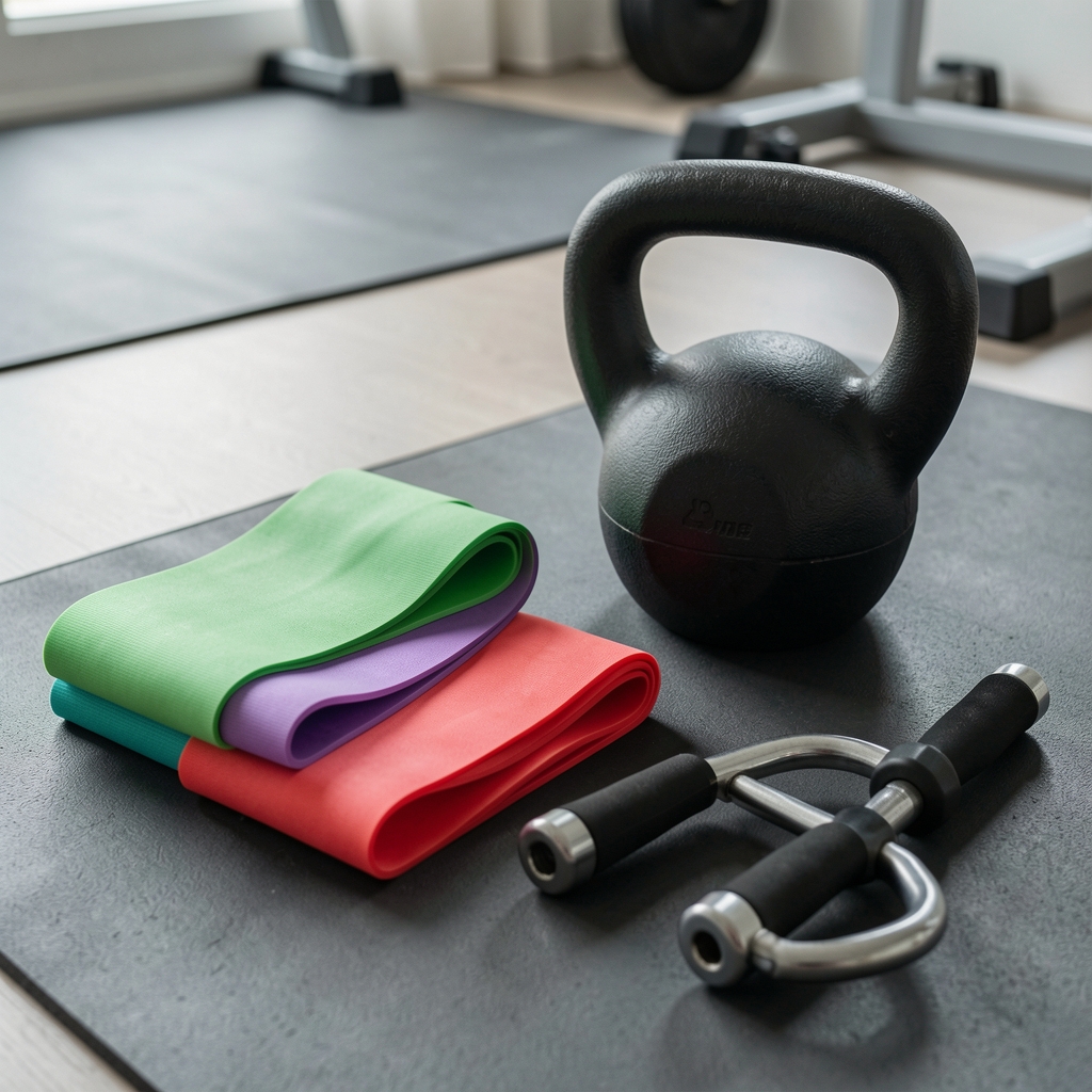 Accesorii sport diverse: benzi de rezistență, chingă de antrenament, căști wireless și bidon de apă