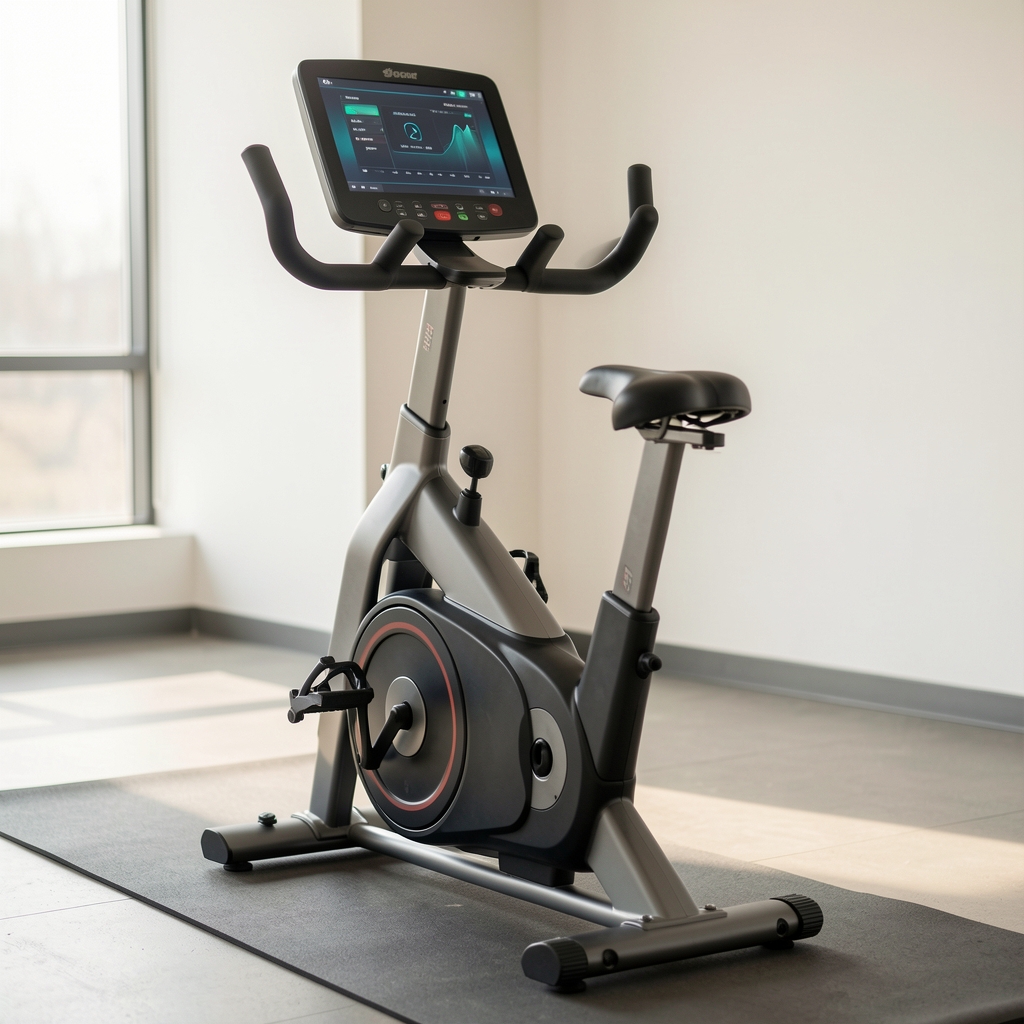 Bicicletă fitness staționară cu ecran digital și rezistență magnetică într-un spațiu de antrenament luminos