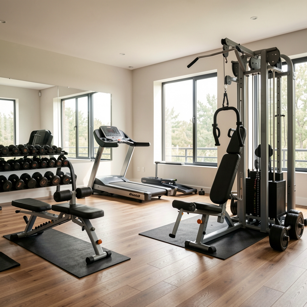 Sală de fitness acasă cu aparate multifuncționale, gantere și saltea de exerciții