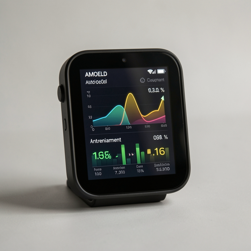 Ceas sport inteligent modern cu ecran AMOLED afișând statistici de antrenament și monitorizare cardiacă