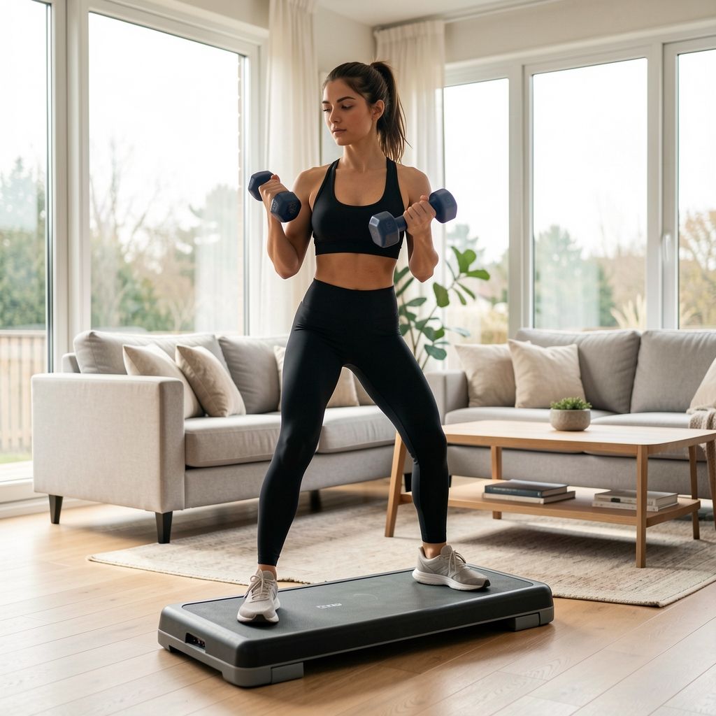 Femeie tânără antrenându-se acasă cu gantere pe o saltea de exerciții în living-room luminos cu ferestre mari