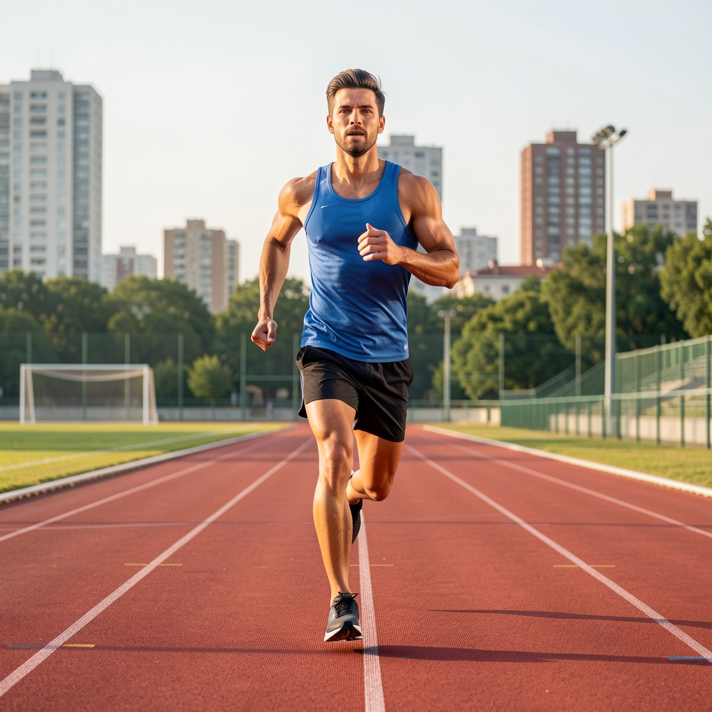 Atlet alergând cu Garmin Forerunner 265 pe pistă de sport în aer liber cu peisaj urban