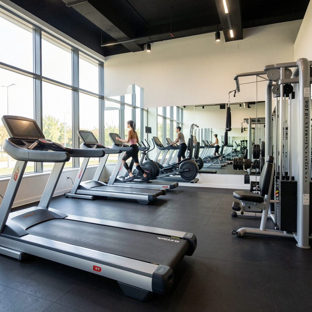 Sală de fitness modernă cu echipamente profesionale de antrenament, banda de alergat și aparate multifuncționale