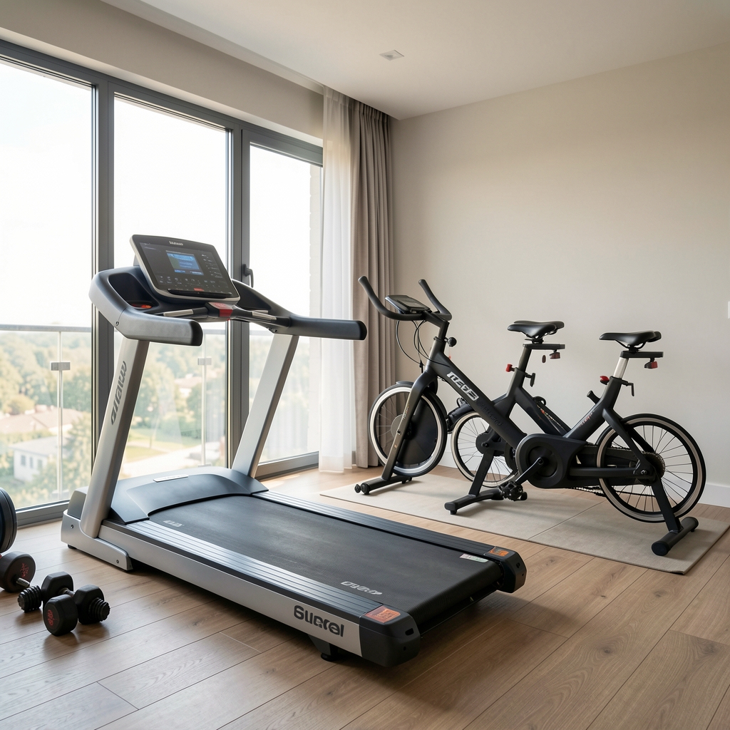 Sală de fitness modernă amenajată acasă cu bandă de alergare, greutăți și bicicletă fitness lângă fereastră luminoasă