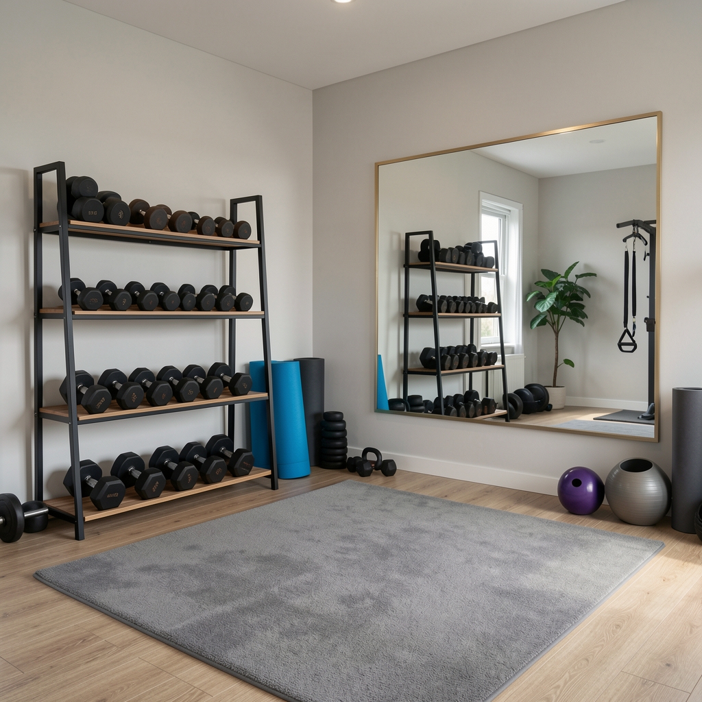 Spațiu de fitness acasă bine organizat cu raft de depozitare gantere, oglindă mare pe perete și covoraș gri închis