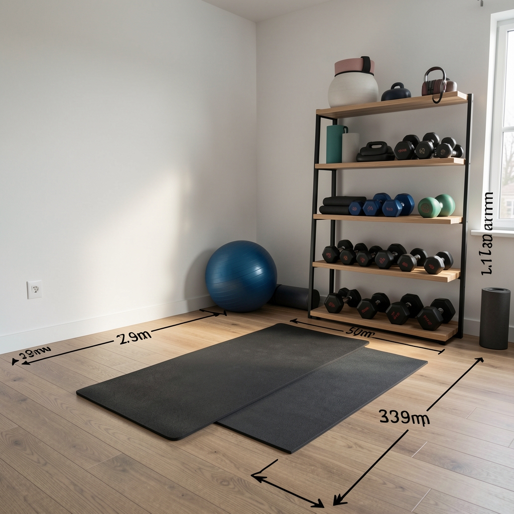 Plan de amenajare a unui spațiu mic de fitness acasă cu dimensiuni marcate pe podea, covoraș yoga și greutăți organizate pe raft